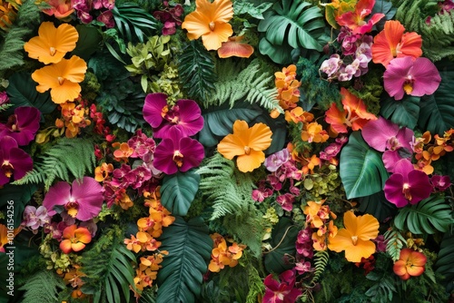 An exotic medley of bright tropical flowers beautifully intertwined with lush green leaves, capturing the essence of a vibrant and lively tropical paradise.