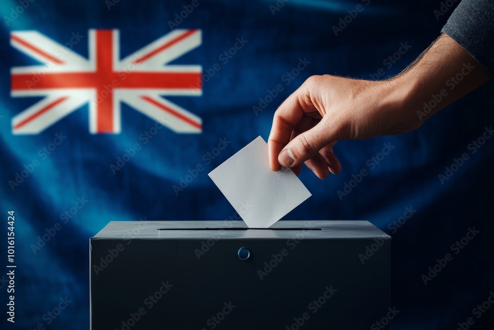 Close-up of a hand casting a ballot into a secure voting box with the Australian flag as the backdrop, symbolizing democratic participation and civic duty. Close-up of a hand casting a ballot into a secure voting box with the Australian flag as the backdrop, symbolizing democratic participation and civic duty.