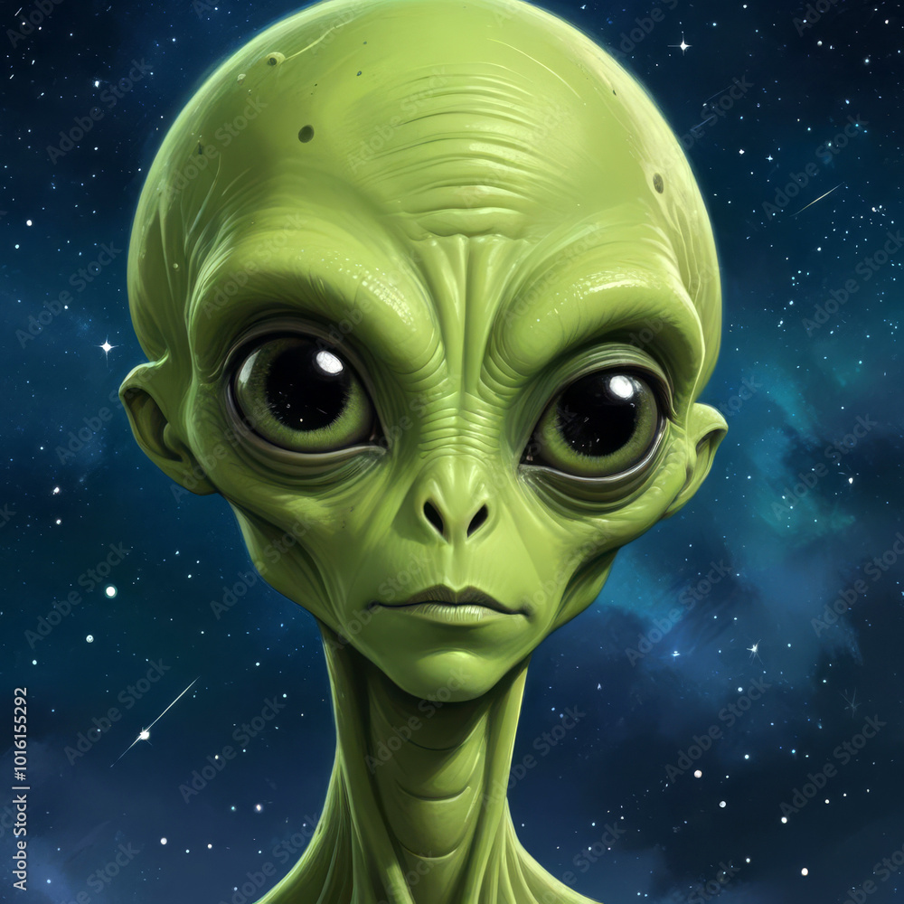 Portrait of a green alien against a starry sky Portrait of a green alien against a starry sky