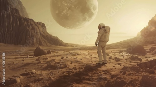 An astronaut stands gazing at a massive planet from a barren, rocky landscape, wrapped in sepia tones, embodying awe and exploration on the edge of space. photo