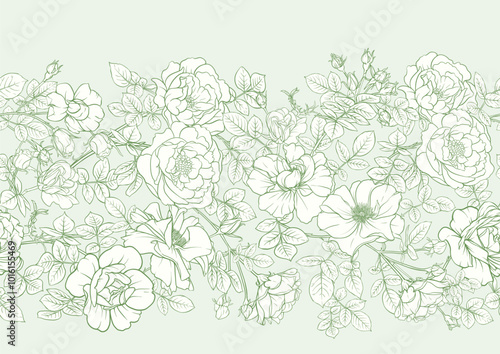 Rose flowers, Seamless pattern, background. Vector illustration. Outline hand drawing.