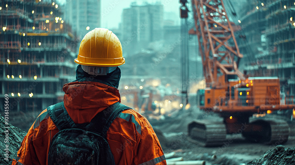 A construction engineer wearing safety gear and a hard hat, inspecting heavy machinery at an urban development site. The backdrop features a cityscape, emphasizing the integration of modern A construction engineer wearing safety gear and a hard hat, inspecting heavy machinery at an urban development site. The backdrop features a cityscape, emphasizing the integration of modern
