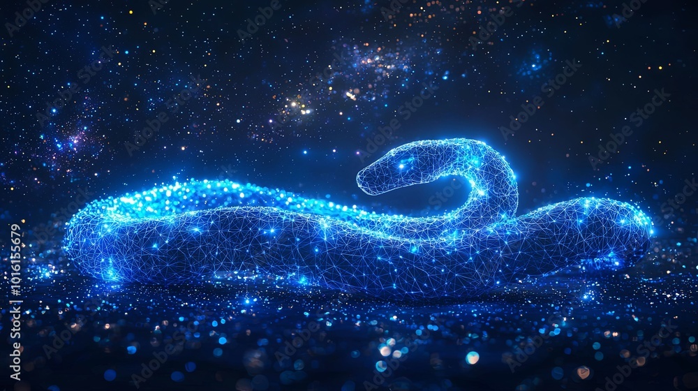This image features a blue glowing snake with a futuristic, wireframe design set against a cosmic backdrop, suggesting mystery and the vastness of the universe. This image features a blue glowing snake with a futuristic, wireframe design set against a cosmic backdrop, suggesting mystery and the vastness of the universe.