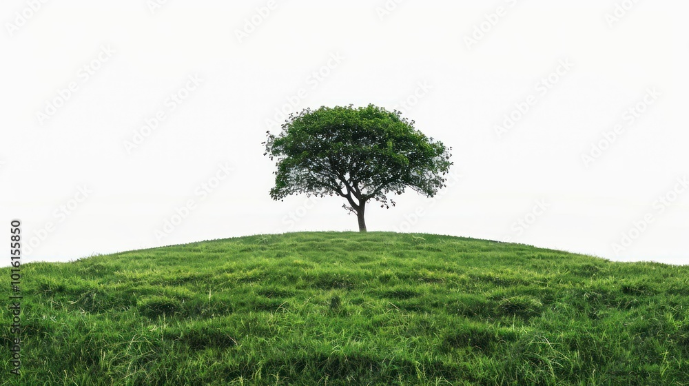 A Single Tree on a Grassy Hill Against a White Sky A Single Tree on a Grassy Hill Against a White Sky