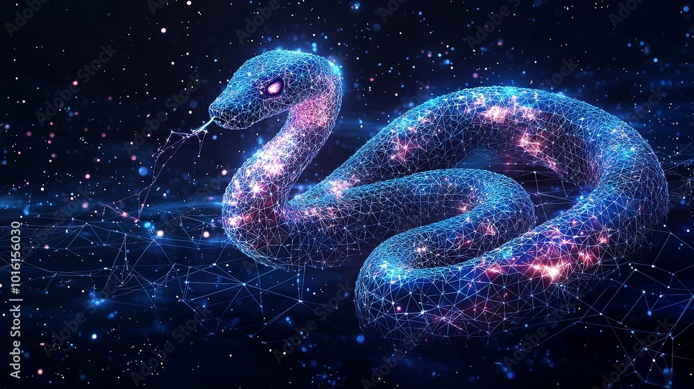 The image displays a vibrant cosmic snake with a glowing, textured surface, weaving through a dark, starry expanse, exuding energy and creativity. The image displays a vibrant cosmic snake with a glowing, textured surface, weaving through a dark, starry expanse, exuding energy and creativity.