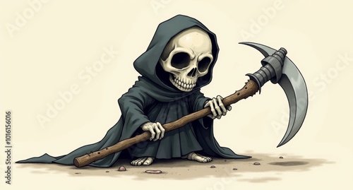 A short, round Grim Reaper struggling to carry an oversized scythe, with his cloak trailing on the ground. His cheerful skull face and clumsy appearance make him seem more friendly than fearsome. photo