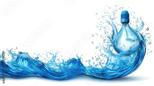 A water bottle splashing into vibrant blue waves on a white isolated background.