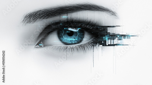 abstract visual of a young woman's eye, symbolizing perception and insight, intertwined with digital elements, representing future technology and the merging of humanity with innovation