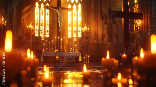 An ornate church interior bathed in amber candlelight, revealing intricate details and a glowing altar.