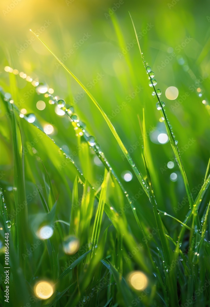 Fototapeta premium close macro lush green grass fresh dew droplets reflecting light vibrant natural setting, nature, leaf, water, detail, texture, reflection, garden, foliage