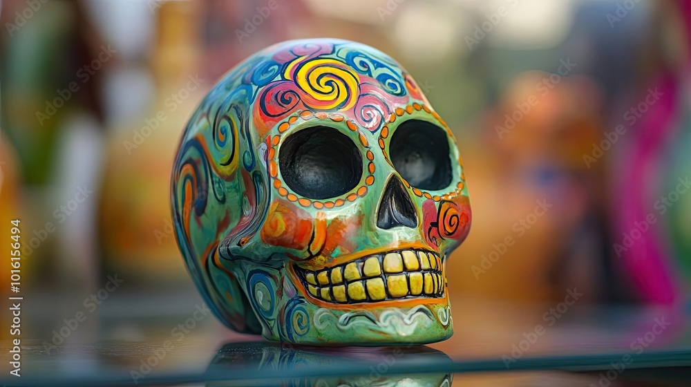 Fototapeta premium A vibrant, colorful skull decoration showcasing intricate designs, perfect for cultural celebrations and artistic displays.