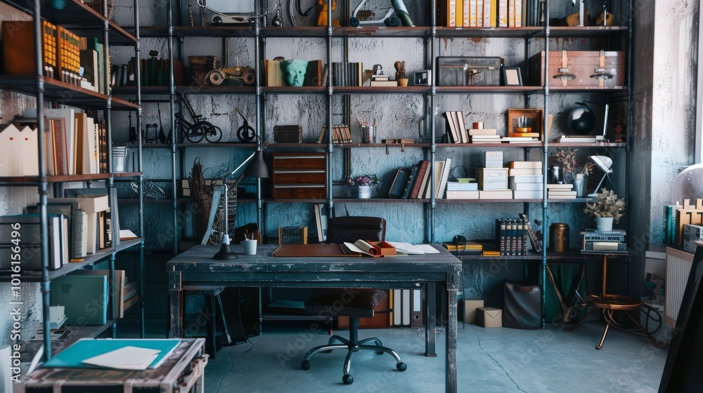 Rustic office with a weathered desk surrounded by books, art, and eclectic decor, evoking creativity and solitude amidst industrial shelves.