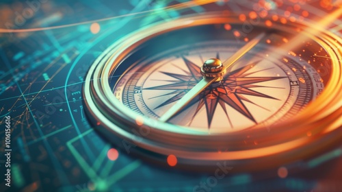 Wallpaper Mural A vintage compass rests on a detailed map, its arrow pointing north amidst vibrant teal and amber lights, symbolizing direction and exploration. Torontodigital.ca