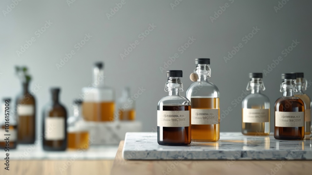 Assorted glass bottles in warm amber tones, elegantly arranged on a marble surface, evoke a sense of timeless sophistication and artisanal charm. Assorted glass bottles in warm amber tones, elegantly arranged on a marble surface, evoke a sense of timeless sophistication and artisanal charm.