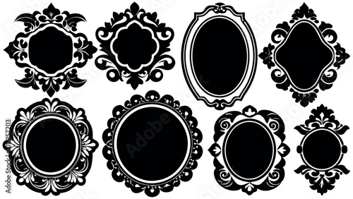 Large set of vector black silhouette frames or cartouches for badges in ornate classical curved and rounded symmetrical designs and shapes