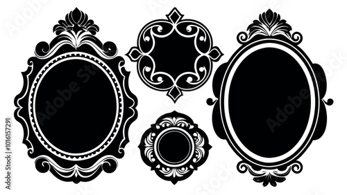 Large set of vector black silhouette frames or cartouches for badges in ornate classical curved and rounded symmetrical designs and shapes