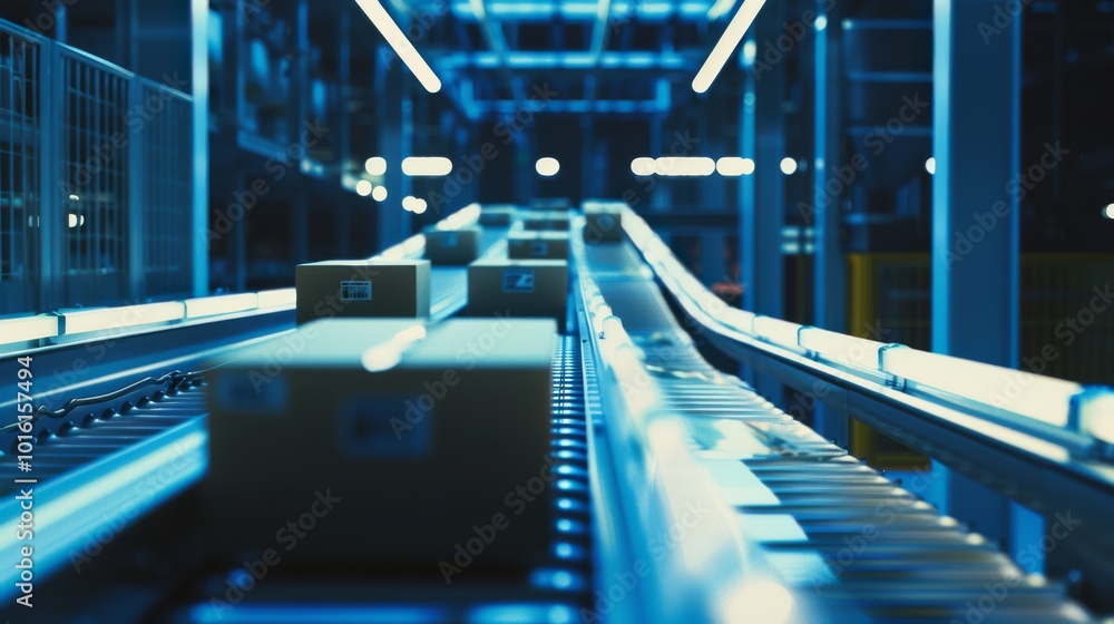 Fototapeta premium An automated conveyor streams packages through a dimly lit warehouse, depicting efficiency and the pulse of modern logistics.