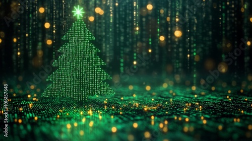 A neon green binary code Christmas tree glowing during the festive season in a virtual landscape photo