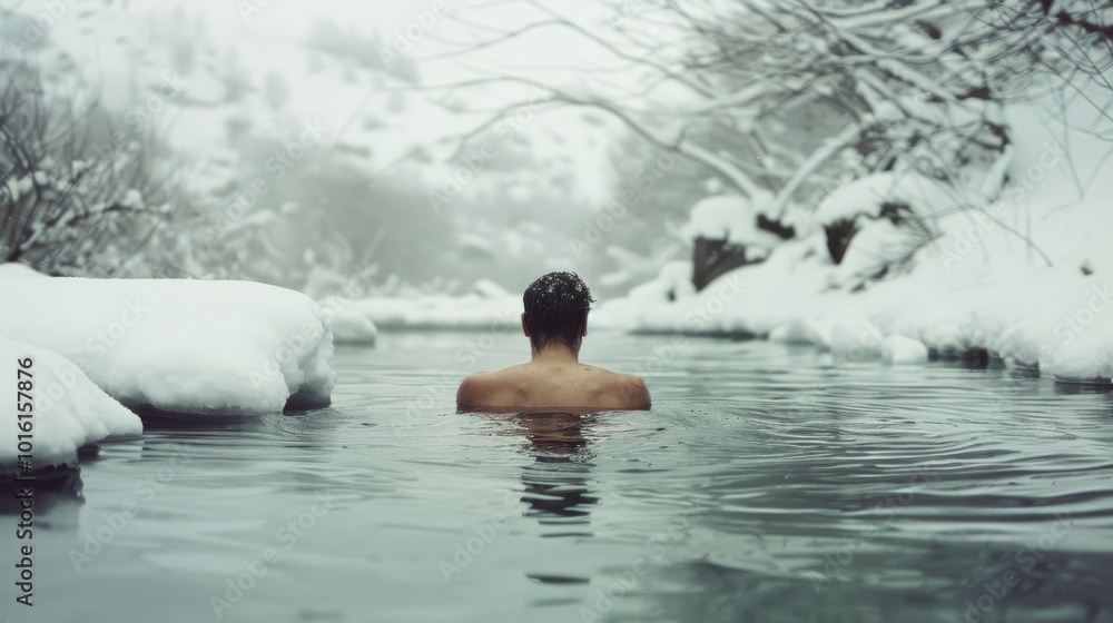 A solitary figure immerses in a serene, snow-covered hot spring, exuding tranquility and connection with nature. A solitary figure immerses in a serene, snow-covered hot spring, exuding tranquility and connection with nature.