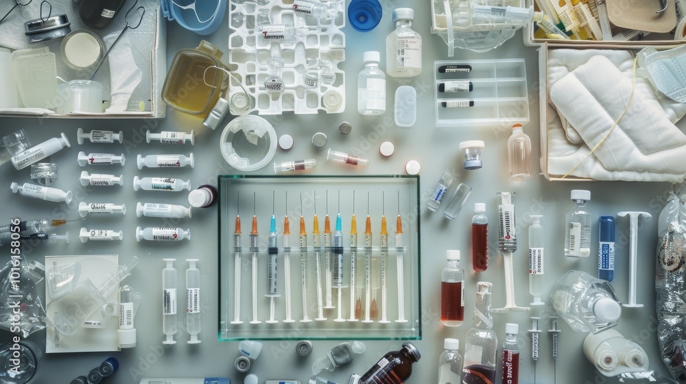 A neatly arranged array of medical supplies dominates the scene, reflecting precision and preparedness in healthcare with a clinical, light-drenched aesthetic. A neatly arranged array of medical supplies dominates the scene, reflecting precision and preparedness in healthcare with a clinical, light-drenched aesthetic.