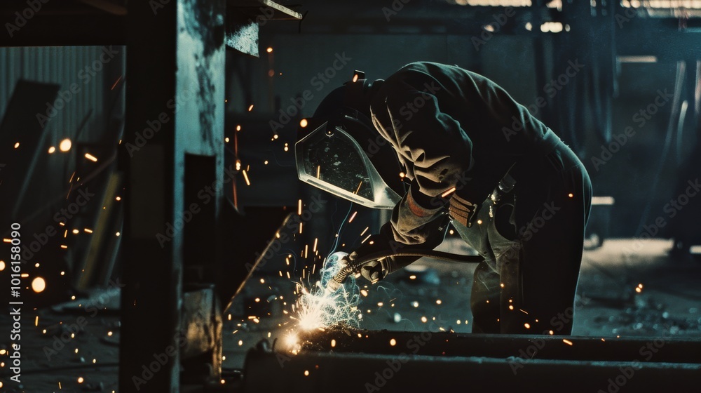 A welder engrossed in work, surrounded by vivid sparks in a dimly lit industrial setting, showcasing craftsmanship and dedication. A welder engrossed in work, surrounded by vivid sparks in a dimly lit industrial setting, showcasing craftsmanship and dedication.