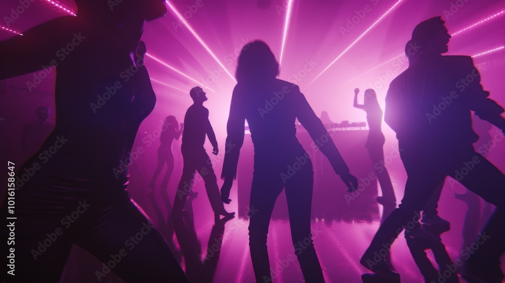 A dynamic dance floor scene with silhouetted dancers and intense pink lighting, reminiscent of an energetic night filled with rhythm and motion. A dynamic dance floor scene with silhouetted dancers and intense pink lighting, reminiscent of an energetic night filled with rhythm and motion.