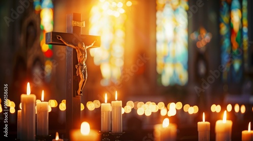 Warm candlelit altar set against a backdrop of vibrant stained glass, creating a spiritual atmosphere.