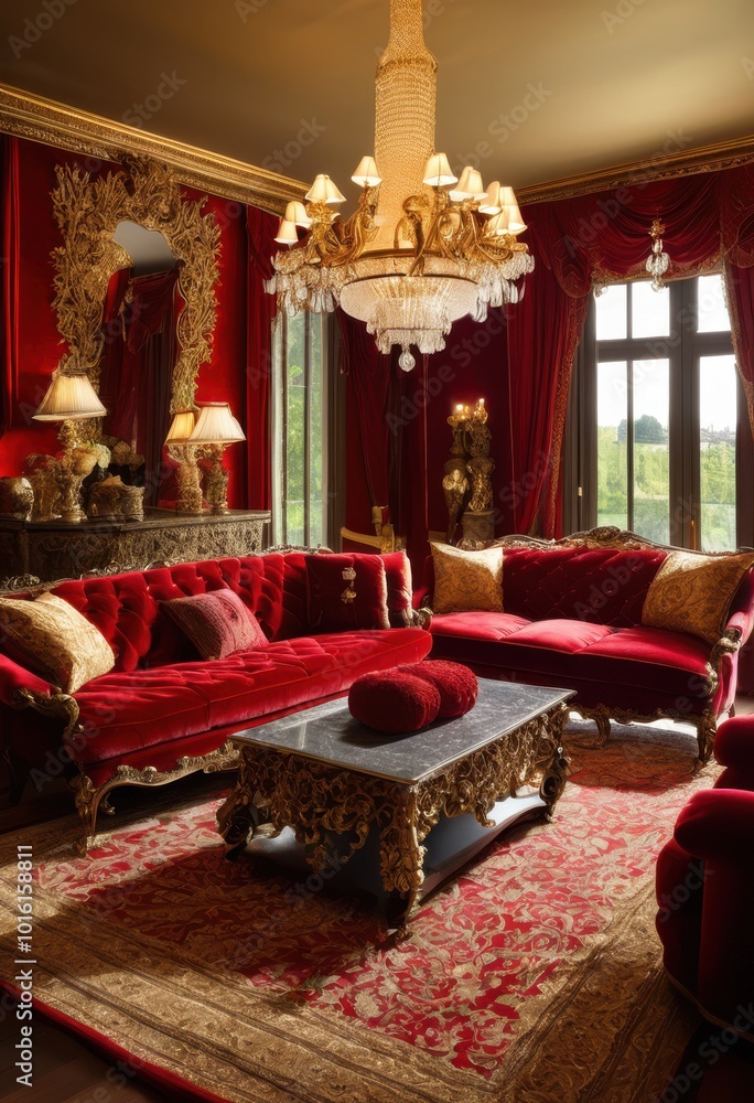 Fototapeta premium vibrant red textile richness stunning home decor luxurious patterns textures, fabric, design, interior, drapery, cushion, curtain, throw, wool, silk
