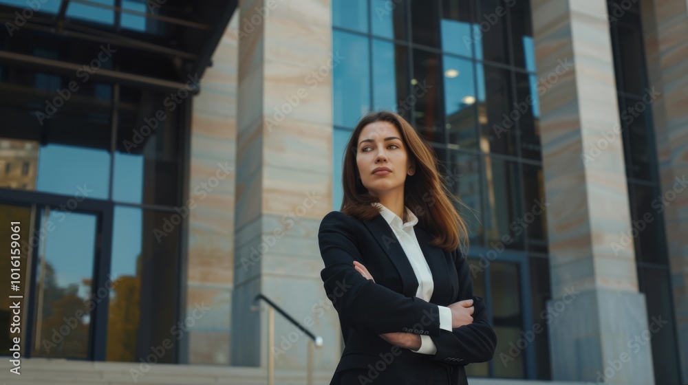 Confident woman in a black suit stands outside a modern building, embodying professionalism and determination as she gazes into the distance. Confident woman in a black suit stands outside a modern building, embodying professionalism and determination as she gazes into the distance.