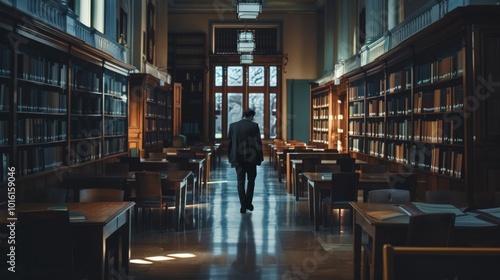 A lone man walking through a grand library, enveloped by endless rows of books, embodying the pursuit of knowledge and intellectual curiosity.