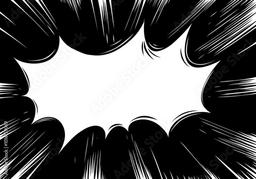 Blank comic book panel with dynamic explosive lines and clouds