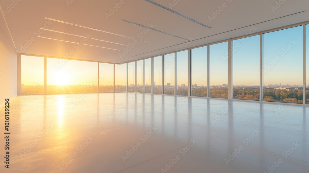 A large, empty room with a view of the city and a large window. The sun is setting, casting a warm glow on the room A large, empty room with a view of the city and a large window. The sun is setting, casting a warm glow on the room