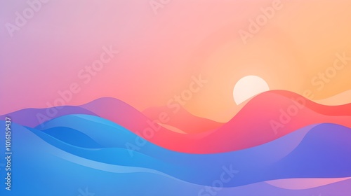 Abstract Sunset Landscape with Wavy Hills in Pink Blue and Orange