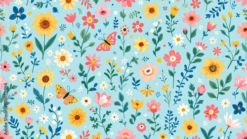 Charming Floral Print with Butterflies in Vibrant Colors