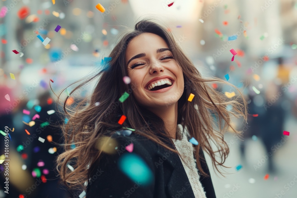 A smiling woman stands in a flurry of colorful confetti, capturing the spirit of happiness and joy, radiating a sense of celebration and excitement. A smiling woman stands in a flurry of colorful confetti, capturing the spirit of happiness and joy, radiating a sense of celebration and excitement.