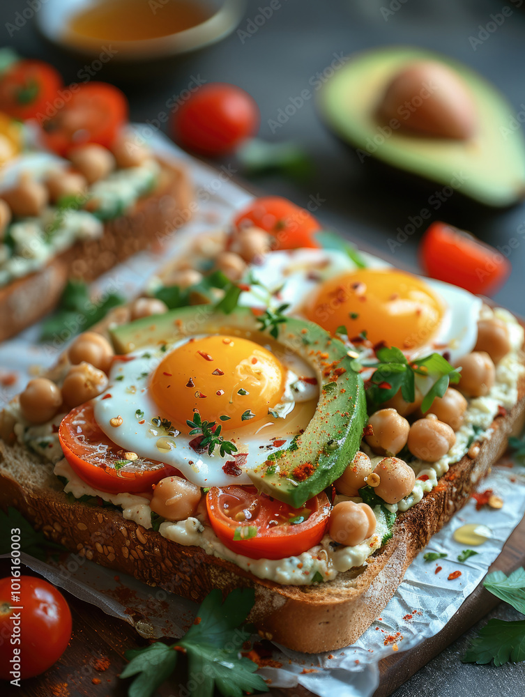 Φωτογραφία Two toasted meditation bread slices with cream cheese, chickpeas, and cherry tomatoes on top of the sheet, avocado in half cut off in two pieces lies between the bread