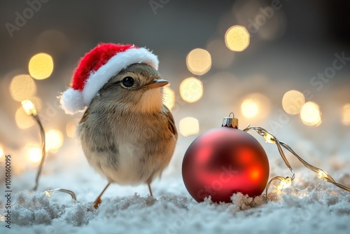 A charming bird dons a Santa hat next to a festive red bauble. Encircled by twinkling lights, this joyful scene signifies the heartwarming essence of Christmas time. photo