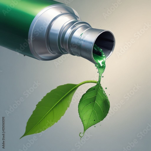 Realistic illustration fuel nozle with green leaf droped from top. photo