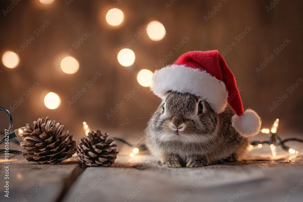 A fluffy bunny poses adorably in a red Santa hat on a wooden surface, surrounded by pine cones and twinkling festive lights, capturing a heartwarming holiday scene. A fluffy bunny poses adorably in a red Santa hat on a wooden surface, surrounded by pine cones and twinkling festive lights, capturing a heartwarming holiday scene.