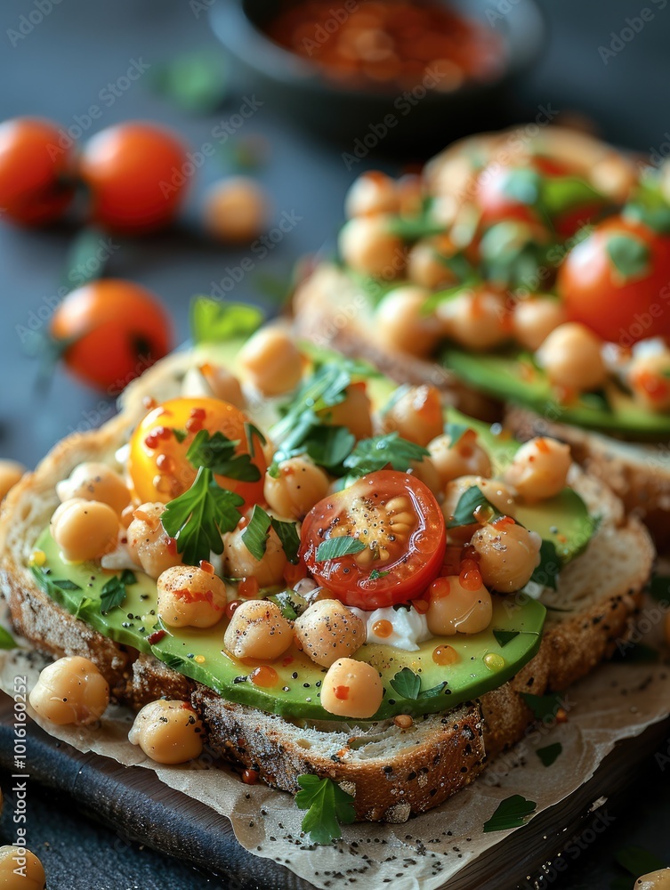 Φωτογραφία Two toasted meditation bread slices with cream cheese, chickpeas, and cherry tomatoes on top of the sheet, avocado in half cut off in two pieces lies between the bread