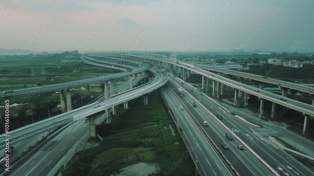 Obraz premium Expansive highway interchange under a cloudy sky, capturing the complexity and flow of modern infrastructure against a vast landscape.