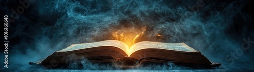 An enchanting open book with a glowing light emerging from its pages, surrounded by mystical smoke and shadows.