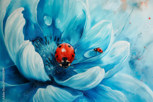 Ladybugs on blue blossom flower in painting style 