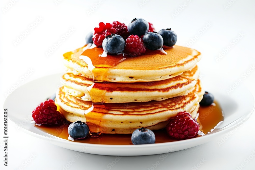 A delicious stack of fluffy pancakes drizzled with syrup and adorned with juicy raspberries and blueberries, creating a mouthwatering breakfast treat full of flavor. A delicious stack of fluffy pancakes drizzled with syrup and adorned with juicy raspberries and blueberries, creating a mouthwatering breakfast treat full of flavor.