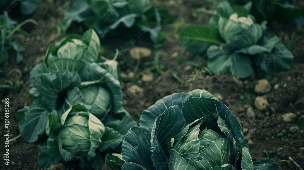 Fototapeta premium Fresh cabbages nestle in rich soil, vibrant green against the earthy backdrop, embodying the essence of growth and agriculture.