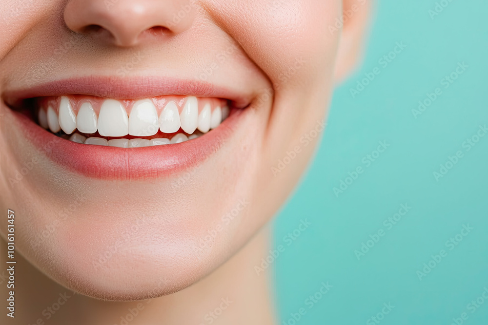 Obraz premium Close-up of a smiling woman with bright teeth and a cheerful expression.