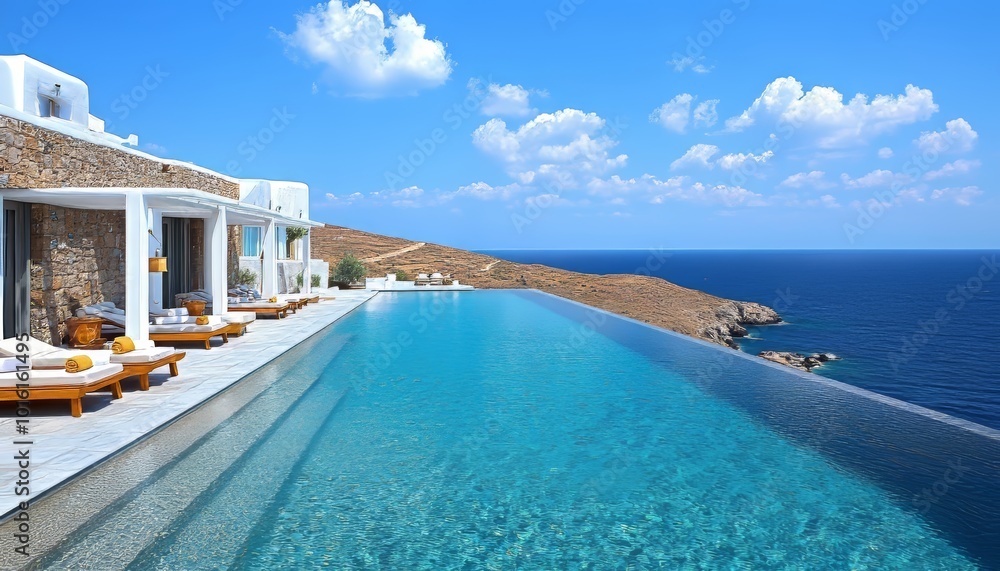 Infinity pool at a modern villa, lounge area with breathtaking ocean view, summer vacation concept. Infinity pool at a modern villa, lounge area with breathtaking ocean view, summer vacation concept.