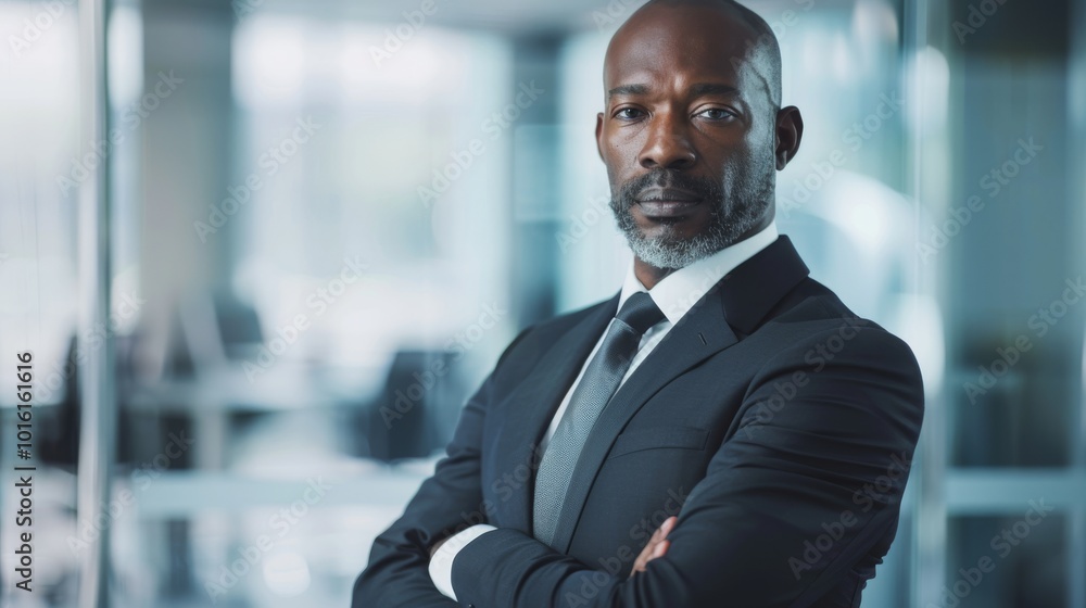 A confident man in a sharp suit stands with arms crossed in a modern office, exuding authority and professionalism. A confident man in a sharp suit stands with arms crossed in a modern office, exuding authority and professionalism.
