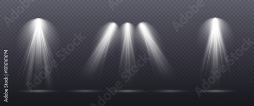 Spotlights shines effect on isolated on transparent background. Concert lighting white color illumination.