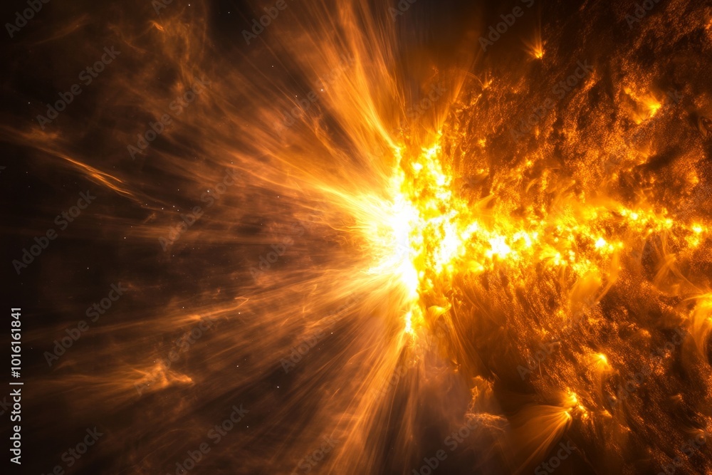 A fiery solar flare erupts with radiant golden luminance, depicting the intense energy and dynamic nature of cosmic phenomena in a mesmerizing display. A fiery solar flare erupts with radiant golden luminance, depicting the intense energy and dynamic nature of cosmic phenomena in a mesmerizing display.